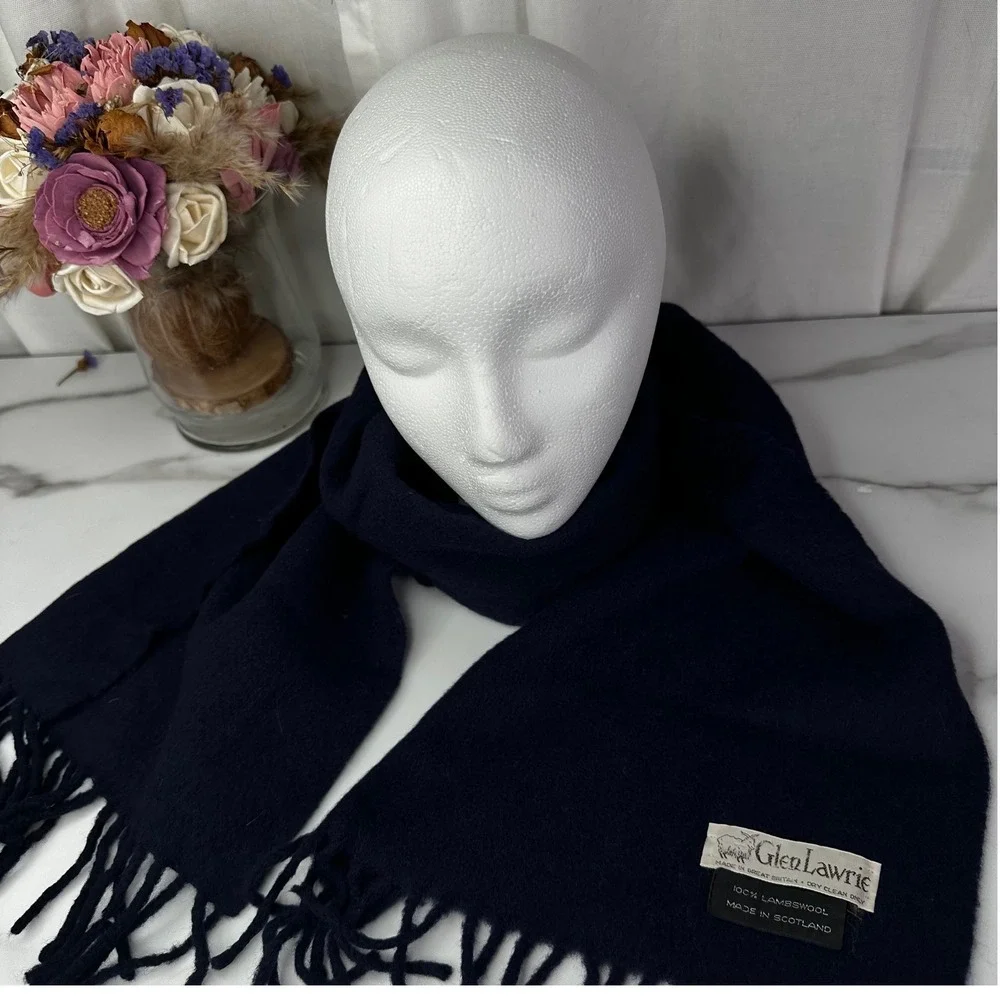 Glen Laurie 100 Lambswool Scarf Navy‎ Blue Made Scotland Fringe Unisex Winter